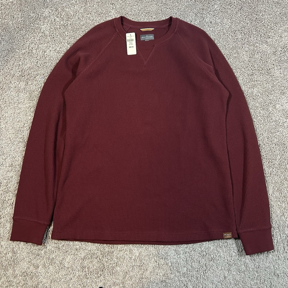 L.L. Bean Signature Waffle Crewneck Pullover XL Slim Fit Burgundy 100% Cotton